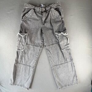 Forever 21 Women's 29 Gray Acid Wash Cargo Jeans Y2K Distressed Wide Leg Denim
